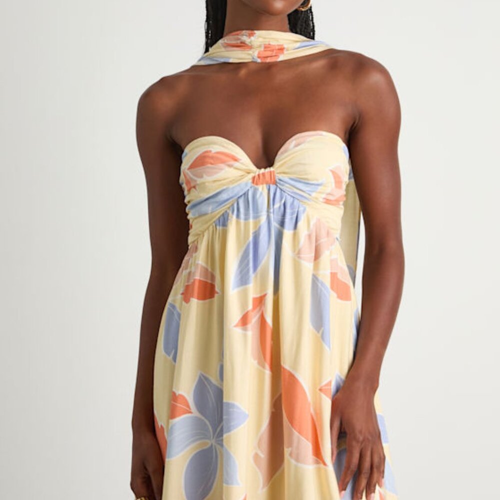 Lulus Kelia Light Yellow Leaf Print Midi Dress And Scarf Set - Size M